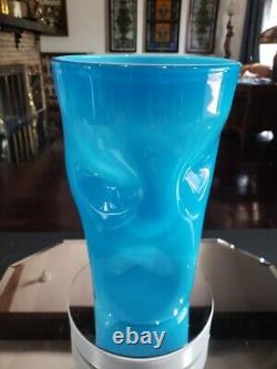 11-1/2 Large VASE art GLASS vtg Pinched Dimples Blue white cased Empoli Italy