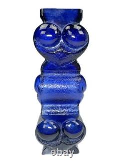 11 Cobalt Blue Art Glass Vase Signed Lars Hellsten for Skruf MCM 3 Owls Sweden
