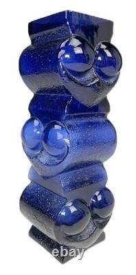 11 Cobalt Blue Art Glass Vase Signed Lars Hellsten for Skruf MCM 3 Owls Sweden