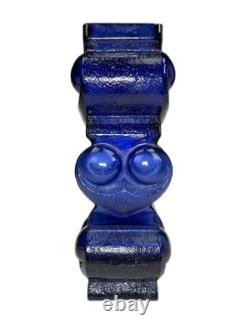 11 Cobalt Blue Art Glass Vase Signed Lars Hellsten for Skruf MCM 3 Owls Sweden