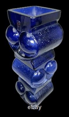 11 Cobalt Blue Art Glass Vase Signed Lars Hellsten for Skruf MCM 3 Owls Sweden