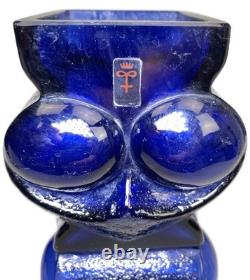 11 Cobalt Blue Art Glass Vase Signed Lars Hellsten for Skruf MCM 3 Owls Sweden