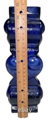 11 Cobalt Blue Art Glass Vase Signed Lars Hellsten for Skruf MCM 3 Owls Sweden