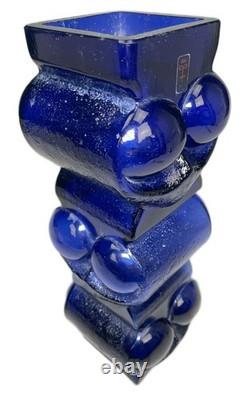 11 Cobalt Blue Art Glass Vase Signed Lars Hellsten for Skruf MCM 3 Owls Sweden