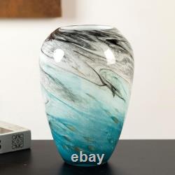 11 H Teal Glass Vases for Flowers, Unique Hand Blown Glass Vase Blue Home Decor