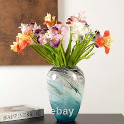 11 H Teal Glass Vases for Flowers, Unique Hand Blown Glass Vase Blue Home Decor