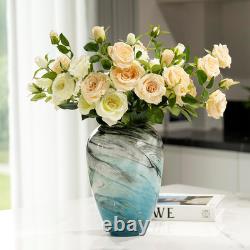 11 H Teal Glass Vases for Flowers, Unique Hand Blown Glass Vase Blue Home Decor
