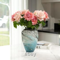 11 H Teal Glass Vases for Flowers, Unique Hand Blown Glass Vase Blue Home Decor