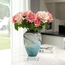 11 Teal Hand Blown Glass Vase Wide Mouth Blue Flower Home Decor