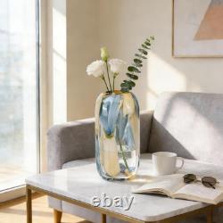 12.6 H Hand Blown Blue Glass Vase, Wide Mouth round Vase for Flowers, Beautif