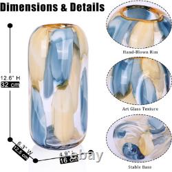 12.6 H Hand Blown Blue Glass Vase, Wide Mouth round Vase for Flowers, Beautif
