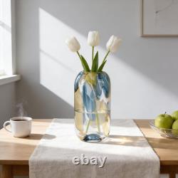 12.6 H Hand Blown Blue Glass Vase, Wide Mouth round Vase for Flowers, Beautif