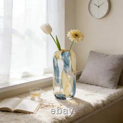 12.6 H Hand Blown Blue Glass Vase, Wide Mouth round Vase for Flowers, Beautif