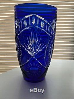 12 Toll COBALT Bohemian Czech CUT TO CLEAR Glass Crystal Vase Big and Heavy