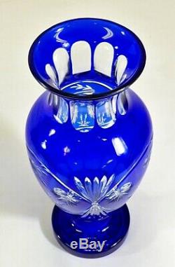 13 3/4! Vintage Czech Bohemian Cobalt Blue Cut to Clear Crystal Cut Glass Vase
