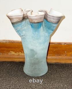 14 Murano Glass Vase Italy Sea Blue Ruffled Striped Top Tosi Cenedese Signed