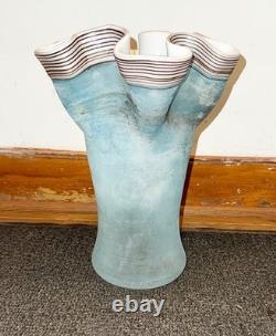 14 Murano Glass Vase Italy Sea Blue Ruffled Striped Top Tosi Cenedese Signed