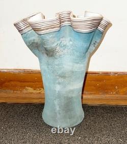 14 Murano Glass Vase Italy Sea Blue Ruffled Striped Top Tosi Cenedese Signed