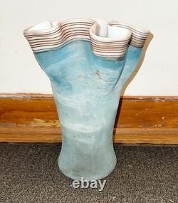 14 Murano Glass Vase Italy Sea Blue Ruffled Striped Top Tosi Cenedese Signed