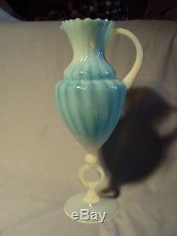 15 BLUE OPALESCENT Swirled ART GLASS EWER PITCHER VASE