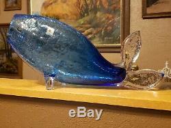 15 Large Blenko Blue Crackle Glass Fish Whale MCM Mid Century Modern W. VA. USA