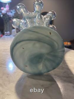 16 Murano Glass Vase, Turquoise Marbled with Gold Glitter. Ruffled Top
