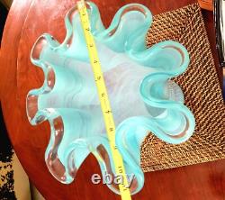 16 Vintage Baby Blue Swirl MURANO Large Glass Vase with Ruffled Top