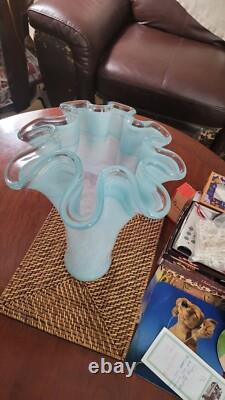 16 Vintage Baby Blue Swirl MURANO Large Glass Vase with Ruffled Top