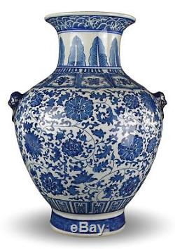 18 Classic Blue and White Floral Porcelain Vase, Double Lion Head Handles Ch