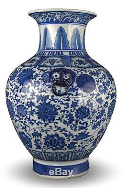 18 Classic Blue and White Floral Porcelain Vase, Double Lion Head Handles Ch