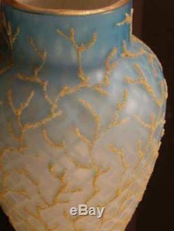 1880's Mt. Washington MOP Coralene Satin Seaweed Beaded Blue Uranium Glass Vase