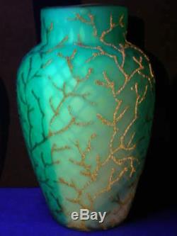 1880's Mt. Washington MOP Coralene Satin Seaweed Beaded Blue Uranium Glass Vase