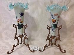 1900 Victorian Pair Ruffled Top Glass Bud Bases withOrnate 3 Leg Bronze Stands