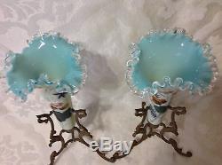 1900 Victorian Pair Ruffled Top Glass Bud Bases withOrnate 3 Leg Bronze Stands