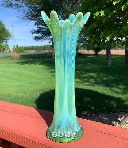 1900s OPALESCENT Vaseline Uranium Blue GREEN Fenton GLASS Opaline SWUNG VASE Art