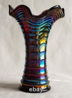 1930s Art Nouveau Imperial Glass Ripple Carnival Glass Vase Electric Amethyst