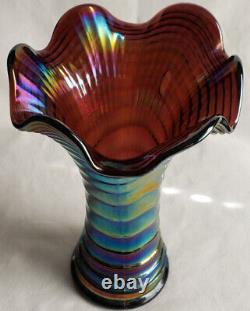 1930s Art Nouveau Imperial Glass Ripple Carnival Glass Vase Electric Amethyst