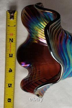 1930s Art Nouveau Imperial Glass Ripple Carnival Glass Vase Electric Amethyst