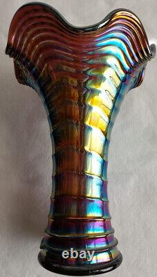 1930s Art Nouveau Imperial Glass Ripple Carnival Glass Vase Electric Amethyst