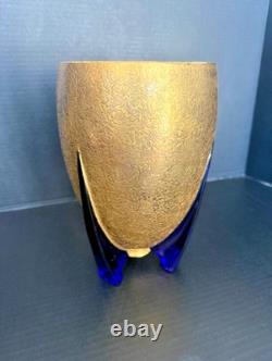 1930s Duncan Miller Art Deco Colbalt Blue Glass Gold Overlay Rocket Vase