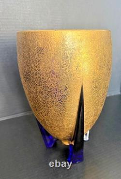 1930s Duncan Miller Art Deco Colbalt Blue Glass Gold Overlay Rocket Vase