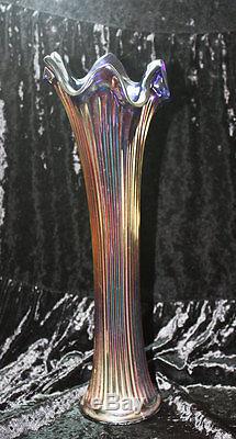 1930s Northwood Carnival Glass Vase 12 Cobalt Blue Amethyst Purple Gold Green