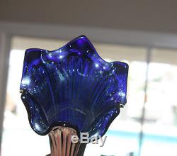 1930s Northwood Carnival Glass Vase 12 Cobalt Blue Amethyst Purple Gold Green