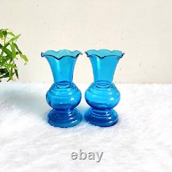 1930s Vintage Blue Glass Flower Vase Pair Home Decorative Collectible GV120
