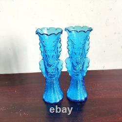 1940s Vintage Floral Blue Glass Fairy Design Flower Vase Pair Decorative GV175