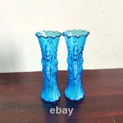1940s Vintage Floral Blue Glass Fairy Design Flower Vase Pair Decorative GV175
