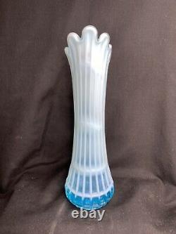 1960 Fenton Art Glass Blue Opalescent Windowpane Waffle Swung Vase