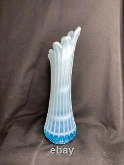 1960 Fenton Art Glass Blue Opalescent Windowpane Waffle Swung Vase