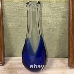 1960s Blue 1/2 Thick Glass Art Vase 13.5 Tall