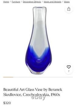 1960s Blue 1/2 Thick Glass Art Vase 13.5 Tall